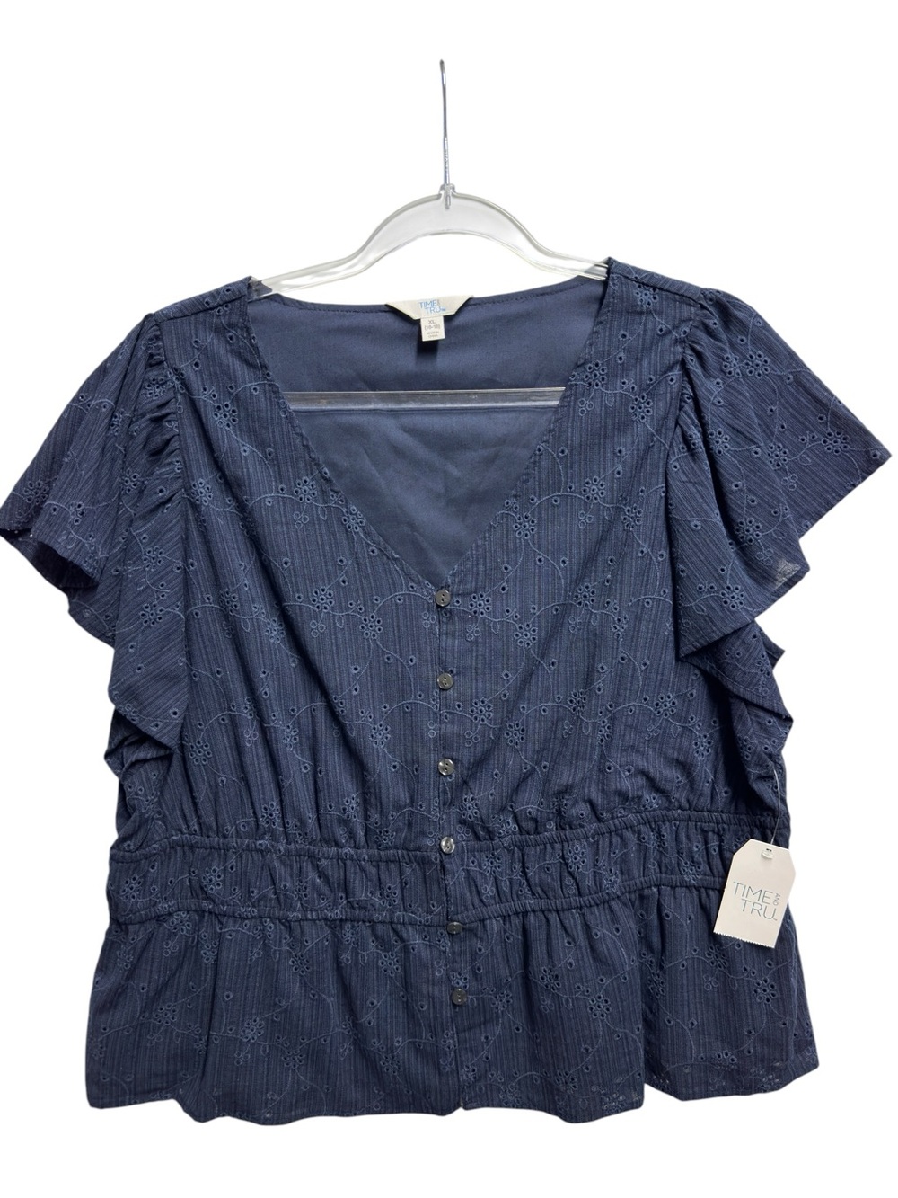Pure Cotton Eyelet Floral Ruffle Flutter Peplum Babydoll Top Blouse